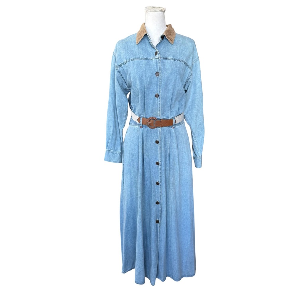 Studio 25 Vintage Denim Maxi Dress Light‎ Wash Corduroy Collar Belted Womens M